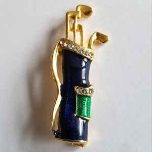 Vintage golf brooch pin bag of clubs blue green enamel gold tone golfing
